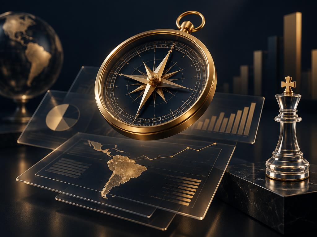 Brújula dorada y gráficos estratégicos en composición 3D