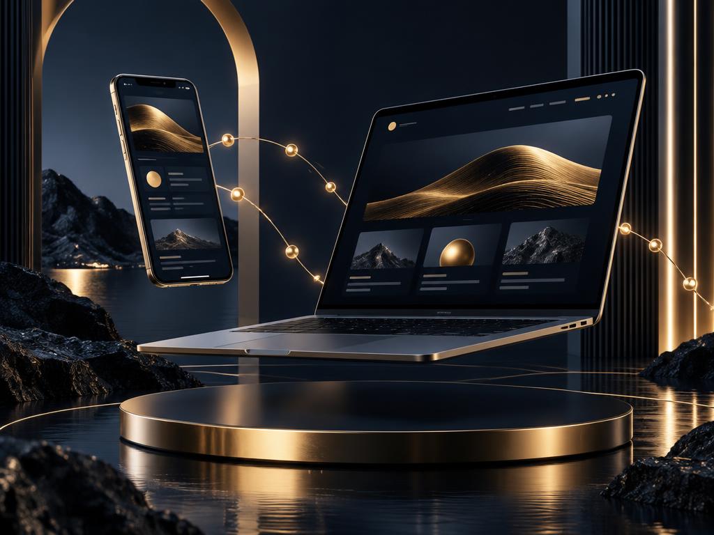 Teléfono y computadora con interfaces digitales en entorno 3D