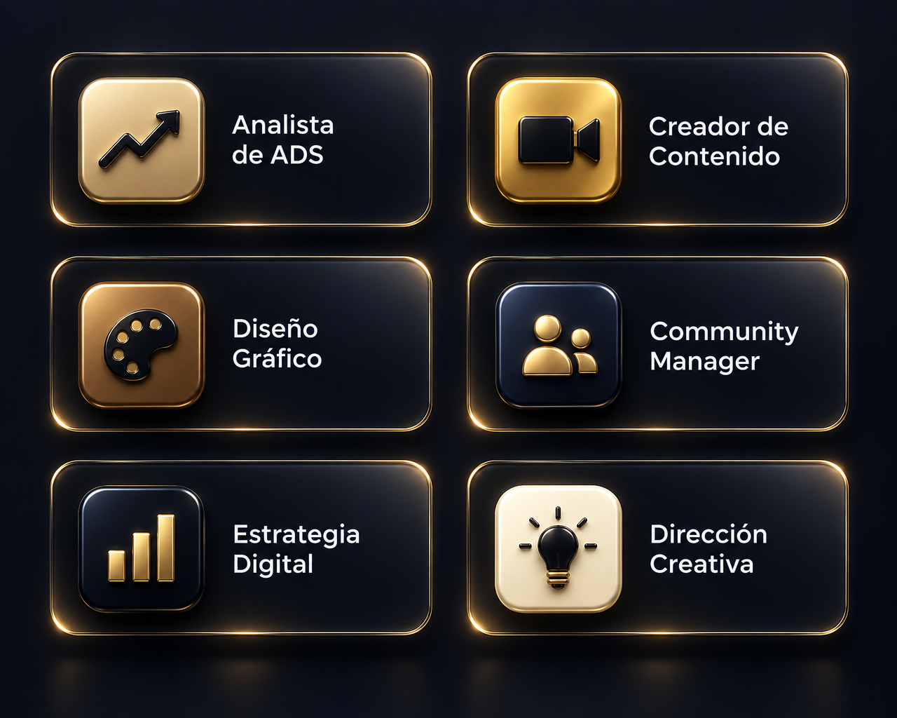 Seis áreas del equipo de Lefty's Media: Analista de ADS, Creador de Contenido, Diseño Gráfico, Community Manager, Estrategia Digital y Dirección Creativa